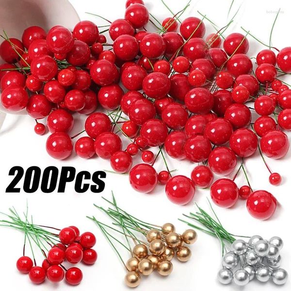 Fleurs décoratives 50-200pcs baies artificielles étamines de perles de Noël petites baies rouge or argent simulation couronnes de cerisier décor d'arbre