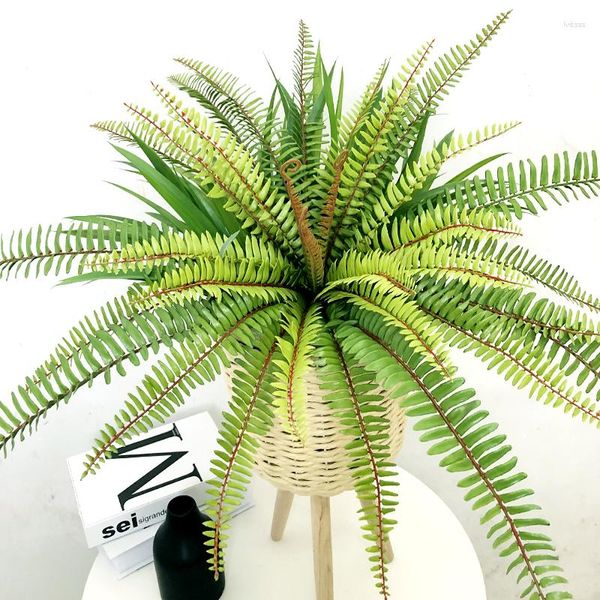 Flores decorativas 50-65 cm Plantas artificiales tropicales de Persia Rama de palmera falsa Colgante de pared alto Hojas de plástico verde para la decoración del hogar