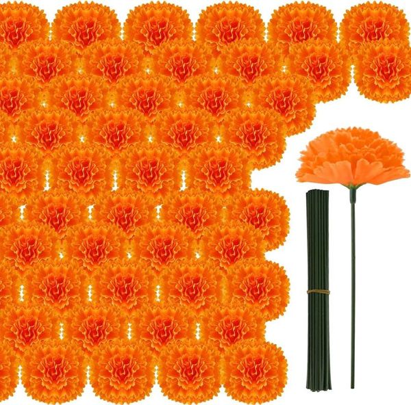 Flores decorativas 50 piezas Cabezas de flores de caléndula Seda a granel con tallos artificiales para Diwali Decoración del hogar Día de los muertos Guirnalda