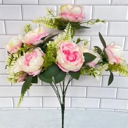 Fleurs décoratives 50CM 1 Bouquet 9 Têtes Artificielle Pivoine Rose Fleur Soie Faux Flowres Pour DIY Maison Décoration De Mariage Mariée Tenant