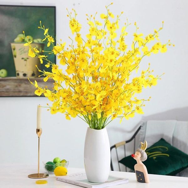 Fleurs décoratives 50CM 3 fourchettes orchidée dansante jaune artificielle Phalaenopsis fausse fleur bricolage pour Vase décoration de mariage à la maison