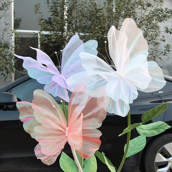 Fleurs décoratives 50 cm DIY Tissu artificiel papillon à la main 3D Gauze Fake de mariage d'anniversaire de mariage Cadeau de décoration à la maison