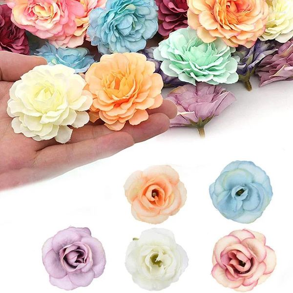 Flores decorativas 50 piezas de cabeza de flor de seda rosa artificial 4x3,5 cm accesorios para el hogar DIY Scrapbooking artesanía floral boda fiesta de cumpleaños