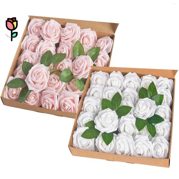 Flores decorativas 50 piezas de rosa artificial Mezcla blanca de rosa rosa decoración de la casa de bodas rosas falsas con tallo