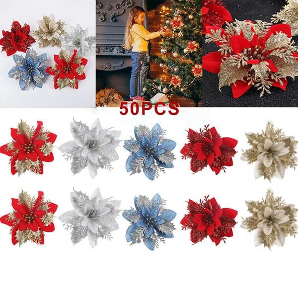 Fleurs décoratives 50pcs Noël paillettes de fleur artificielle en soie faux de Noël.