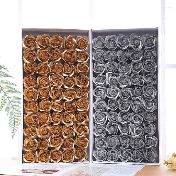 Fleurs décoratives 50pcs Golden Rose Savon tête de fleur de fleur artificielle bricolage Table de mariage Boîte cadeau décor