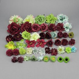 Decorative Flowers 50Pcs/Pack Green Artificial Silk Flower Head Birthday Floral Number Combo Set Mix Color Fake Rose Peony For DIY Crafts