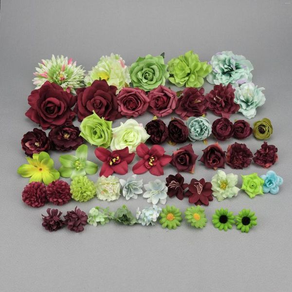 Fleurs décoratives 50 pièces/paquet tête de fleur de soie artificielle verte anniversaire numéro Floral Combo ensemble mélange couleur fausse Rose pivoine pour l'artisanat de bricolage