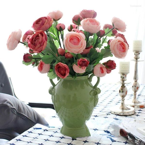 Fleurs décoratives 56CM artificielles 3 têtes camélia pivoine fleur salon décoration séchée Style européen rosée Lotus mariage