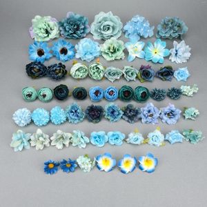 Fleurs décoratives 58 pièces bleu têtes de fleurs en soie artificielle ensemble combiné pour bricolage artisanat boîte-cadeau guirlande mur ornement décor faux Rose frangipanier