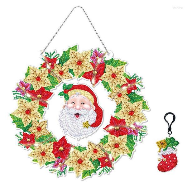 Flores decorativas 5D Diamond-Painting Christmas DIY Garland Diamond Art Painting con luz LED Rhinestone Crafts Kit para adultos y niños