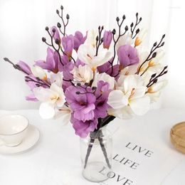 Fleurs décoratives 5 fourchettes 20 têtes de fleurs artificielles Magnolia Bouquets d'orchidées en soie blanche pour la décoration de fête de mariage arrangement bricolage