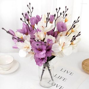 Decoratieve Bloemen 5 Vorken 20 hoofd Kunstbloem Magnolia Boeketten Witte Zijde Orchidee Voor Bruiloft Decoratie DIY Arrangement