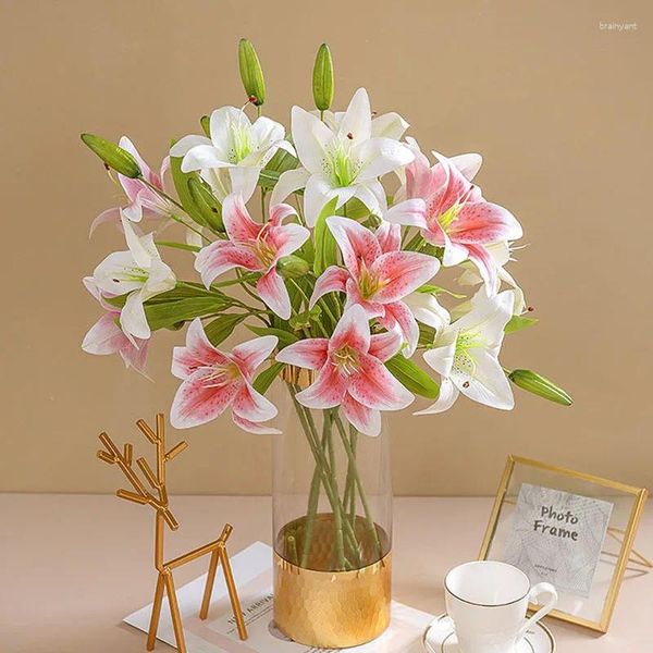 Flores decorativas 5pc 3D estampado Lily Fake Ladex Film Real Touch Lilies Artificial para la mesa de decoración del hogar Bouquet de boda floral