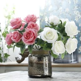 Flores decorativas 5 piezas artificiales de simulación de flores falsas de franela de alta calidad con cabeza de rosa Flores ramo de boda DIY decoración del hogar