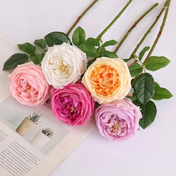 Fleurs décoratives 5pc artificiels hydratants Austin Rose Real Touch Fake Flower Wedding Bridal Holding Bouquet Paryt HomeCor Decor