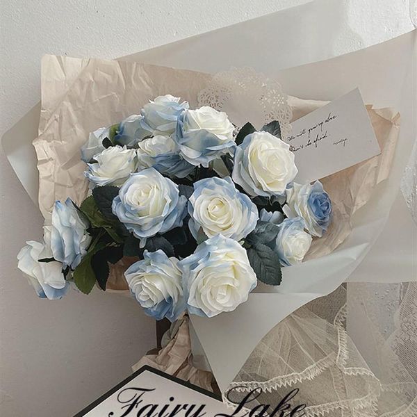 Fleurs décoratives 5pc glace pilée bleu Rose soie fleur artificielle bouquet de mariée saint valentin cadeau maison fête mariage décoration