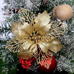 Decoratieve Bloemen 5st Goud Glitter Kunstmatige Poinsettia Kerst Ornamenten Voor Boom Krans Garland DIY Bloemen Geschenken Decoratie