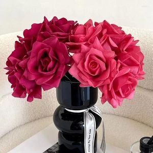 Flores decorativas 5 piezas Sensación de mano Hidratante Rizado Rosa Ramo Real Touch Artificial Boda Nupcial Decoración del hogar Fiesta Floral