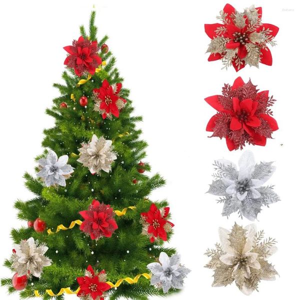 Flores decorativas 5 piezas de 14 cm Cabezal de flores de seda artificial de Navidad con clips para naves de Navidad Decoración Decoración Decoración Regalos Decoración del hogar