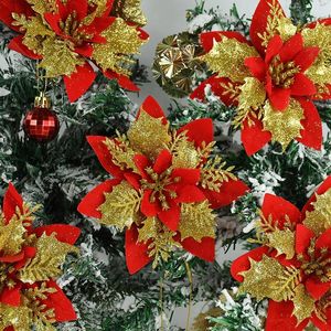Decoratieve bloemen 5 stks 14cm glitter kunstmatige kerstpoinsettia kerstboom ornamenten decoratie voor thuisjaar nepbloem