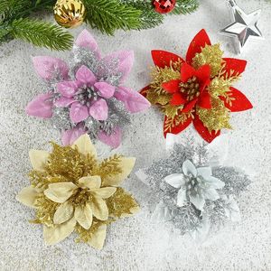 Flores decorativas 5 piezas de 14 cm Glitter Artificial Christmas Xmas Ornaments Merry Decoration For Home Year Gifts