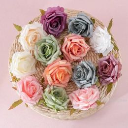 Flores decorativas, 5 uds., 8cm, cabeza de rosa artificial de Organza para decoración del hogar y decoración de fiesta de boda, suministros de Matrimonio