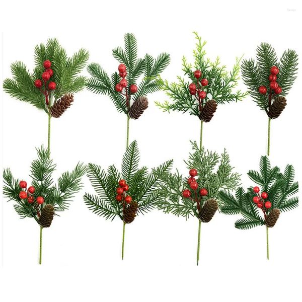 Flores decorativas 5 piezas de árbol de Navidad artificial, ramas de agujas de pino con bayas rojas y piña para bricolaje, guirnalda, corona, año de boda