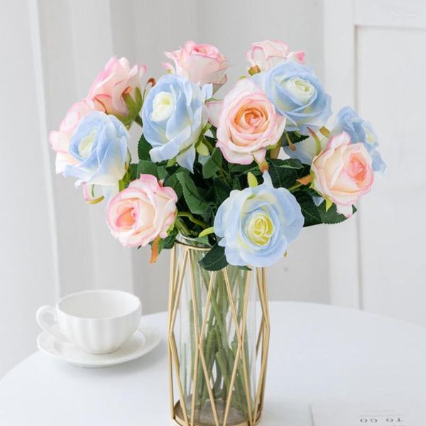Fleurs décoratives 5 Pcs Artificielle Faux Soie Plantes Décor À La Maison Vases Pour La Décoration De Mariage Bouquet De Noël Guirlande Accessoires Bleu Rose