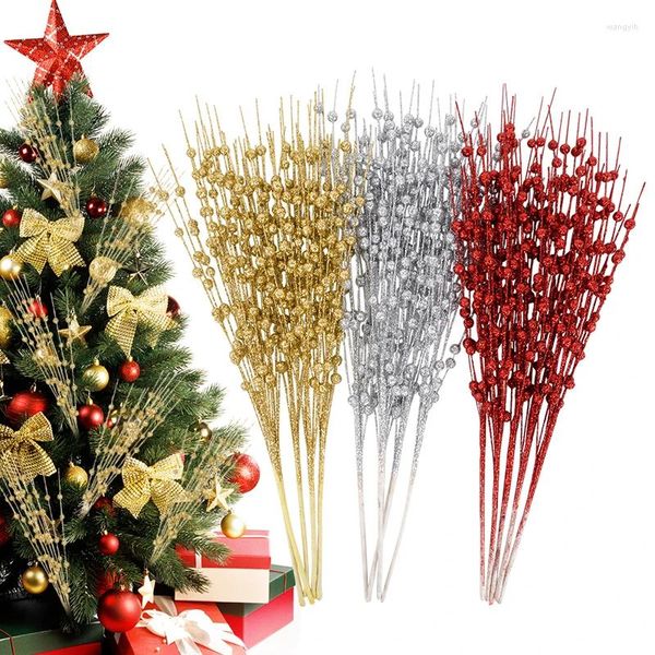 Flores decorativas 5 piezas de brillo artificial tallo de bayas palos ramitas rama para decoración de árbol de Navidad manualidades de corona de bricolaje decoración del hogar