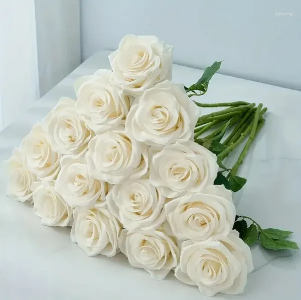 Fleurs décoratives 5pcs roses artificielles de soie blanche lvory - Fleur bouquet de mariage fausse stem