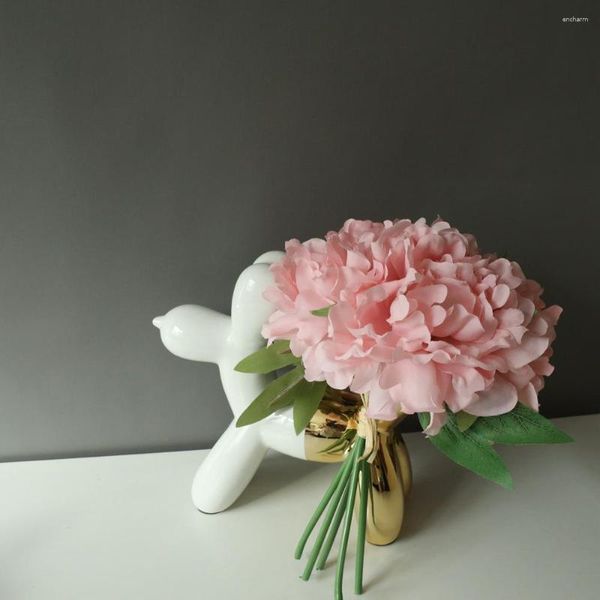 Flores decorativas 5 piezas grandes seda blanca seda artificial peony bouquet decoración de la casa de la boda grandes suministros del día de San Valentín falsos