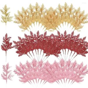 Fleurs décoratives 5 pièces feuilles de pin artificielles de noël Branches or plantes simulées guirlande de paillettes ornement d'arbre de noël année de la maison