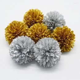 Fleurs décoratives 5pcs or / argent 7cm pompom Pompom Tête de soie d'hydratgea Décoration de mariage à la maison DIY Scrapbooking Fake Flower Waths