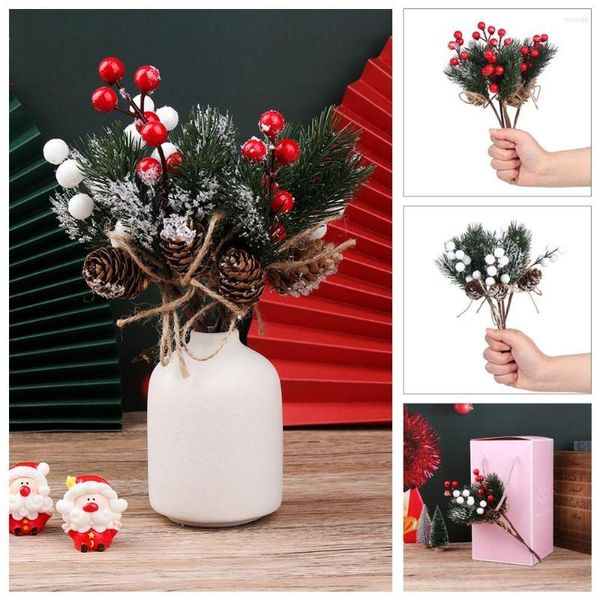 Fleurs décoratives 5 PCS Haute Qualité DIY Houx Arbre De Noël Ornement De Noël Fleur Artificielle Faux Neige Givre Cône Baie Branche De Pin