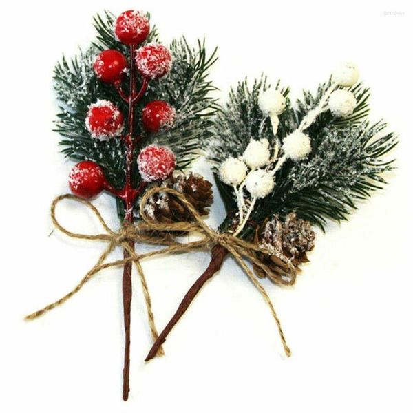 Fleurs décoratives 5 pièces PVC fausse neige givre branche de pin fleur artificielle cône baie ornement de noël houx accessoire de décoration d'arbre de noël