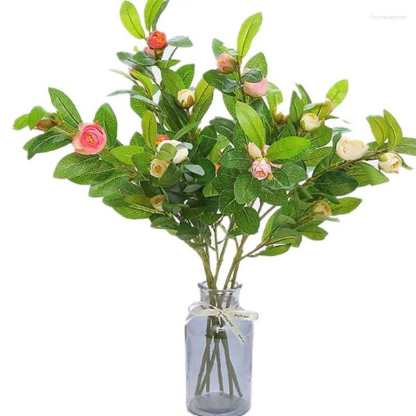 Fleurs décoratives 5 pièces tiges de fleurs de camélia en soie Branches de roses de thé artificielles pour centres de table de mariage décoration florale