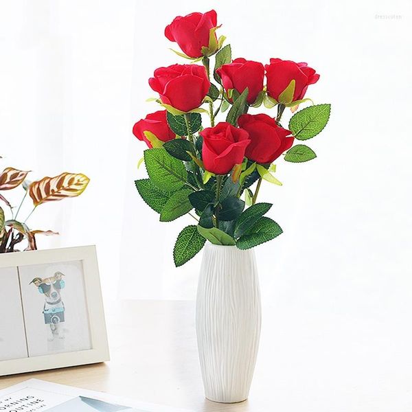 Fleurs décoratives 5pcs / Simulation Rose Soie Thé Roses Bouquet De Mariée Pour Noël Maison Année De Mariage Décoration Faux Plantes Artificielles