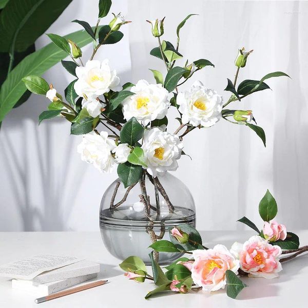 Flores decorativas 5 piezas de simulación de una sola rama de té, rosa, camelia fresca, flor de seda, ramo falso, arreglo de decoración de mesa para sala de estar