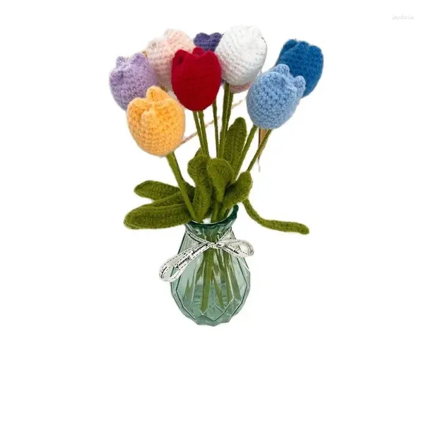 Flores decorativas 5 uds tulipán DIY tejido a mano artificial flor terminada ramo de boda regalo eterno decoración del hogar