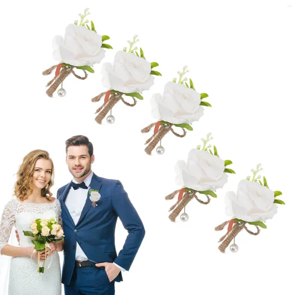 Flores decorativas 5 uds boda Boutonniere Pin fijo plástico flor artificial ramillete para la novia y el novio