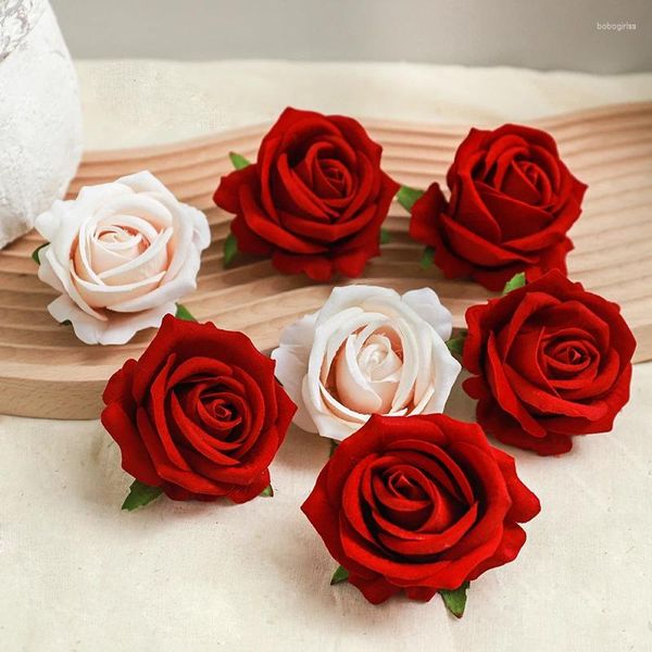 Fleurs décoratives 5pcs Vin Rose rouge rose artificielle Fleur de fleur de soie à la maison Mariage de Noël couronne de Noël gâteau de bricolage décor