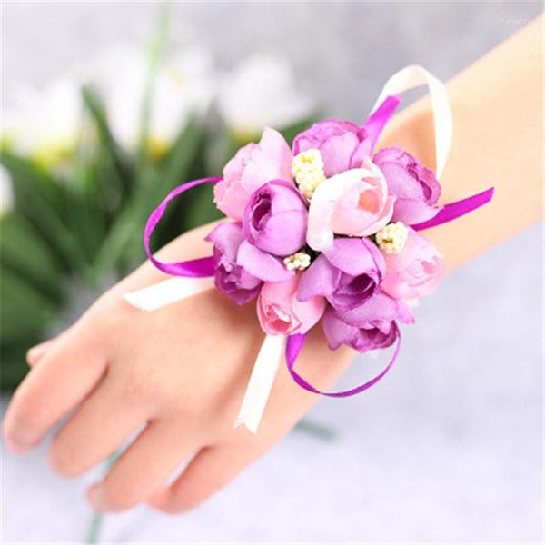 Fleurs décoratives 5 pièces poignet Corsage demoiselle d'honneur soeurs main artificielle mariée pour mariage danse fête décor nuptiale bal