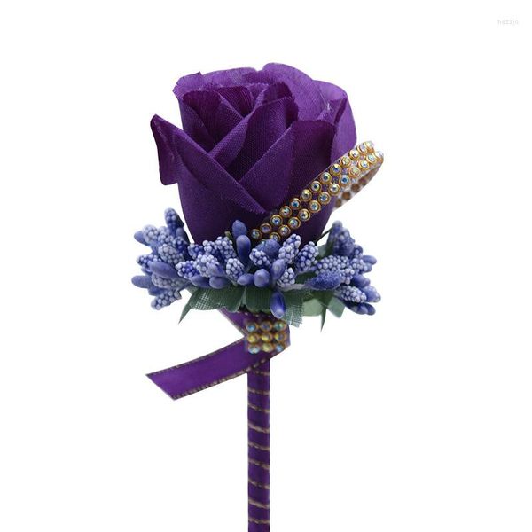 Fleurs décoratives 5 pièces/sac fait à la main boutonnière de mariage marié marié Corsage fleur artificielle violet foncé soie Rose fête hommes