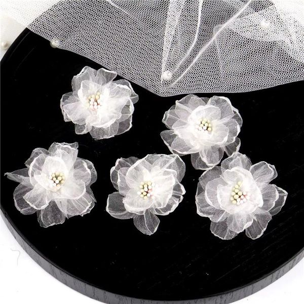 Flores decorativas, 6/12 Uds., 4,5 cm, cabeza de flor de Organza multicapa, tocado para el pelo DIY, accesorios de ropa hechos a mano