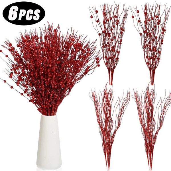 Flores decorativas 6/1 piezas Glitter artificial Berry Falso Foam Bayas Rama de flores DIY Decoración de árboles de árboles Año de boda en casa