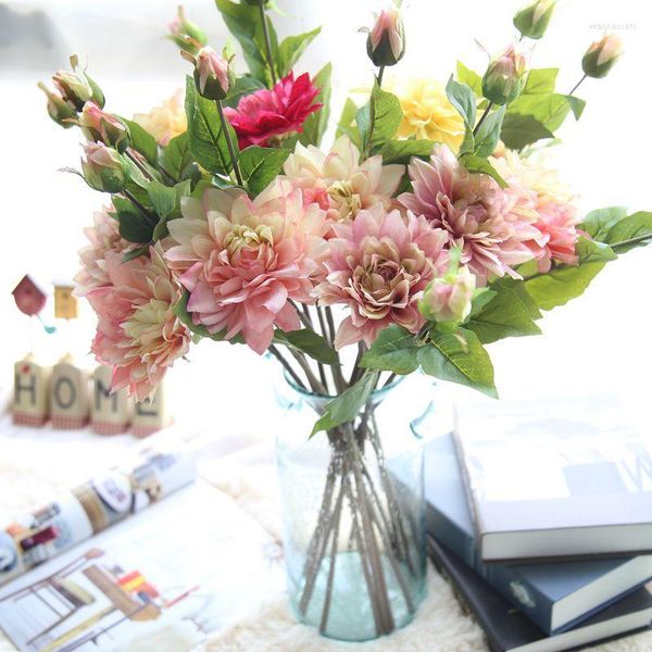 Fleurs décoratives 6 Bouquets Soie Dahlias Bouquet De Mariage Pour La Fête À La Maison DIY Artificielles Pour Le Mariage Pompon Fleur Fournitures