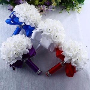 Fleurs décoratives 6 couleurs Crystal Roses Perle Bridesmaid Wedding Bouquet Bridal Artificial Silk Center Pieces hybrides