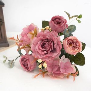 Fleurs décoratives 6 fourchettes artificielles Hortensia Silk Péonie de mariage Fête de mariée Bouquet PO POP
