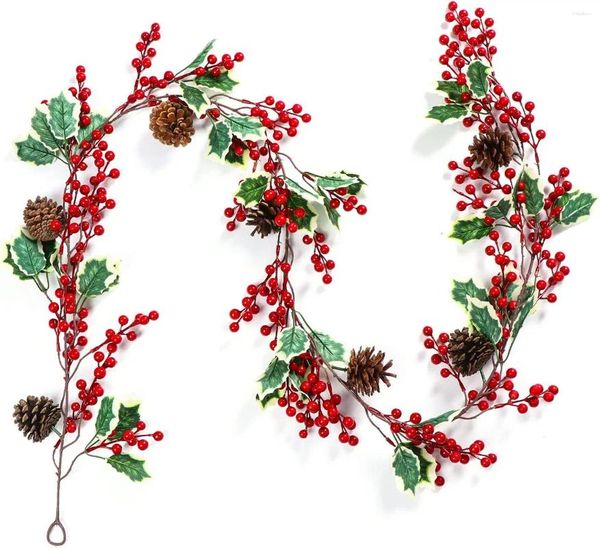Fleurs décoratives 6 pi de baies rouges Garlandais décorations de Noël artificail avec du cône de pin eucalyptus feuille rustique brindille
